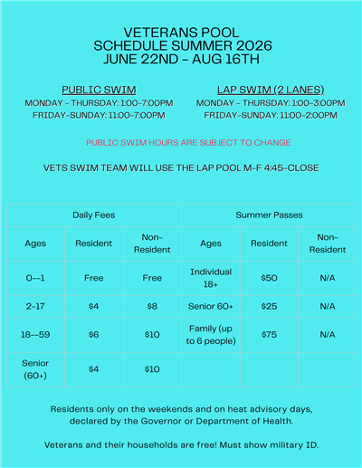 vets pool fees and schedule